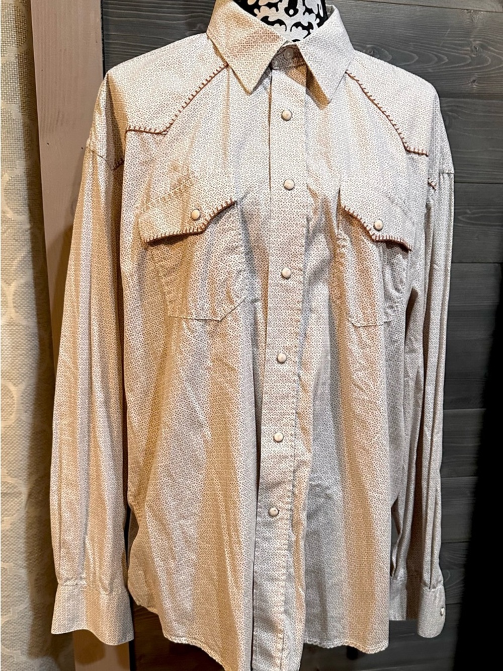 Rough Stock Western Snap Button Shirt -Light Beige with Subtle Dot Print size XL